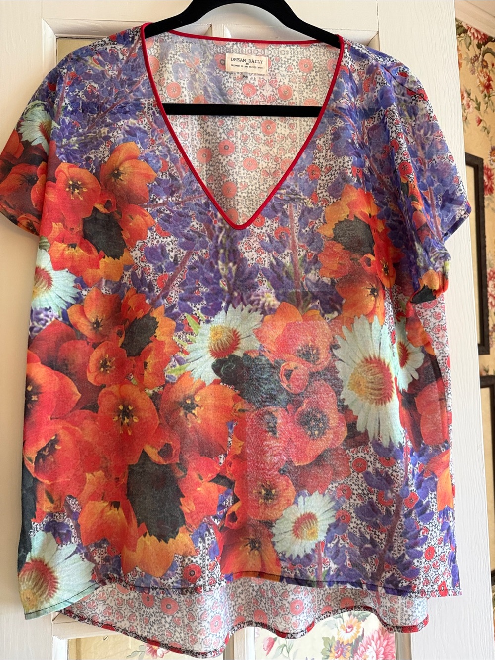 Anthropologie Floral V-Neck Blouse in Purple, Orange, Cream